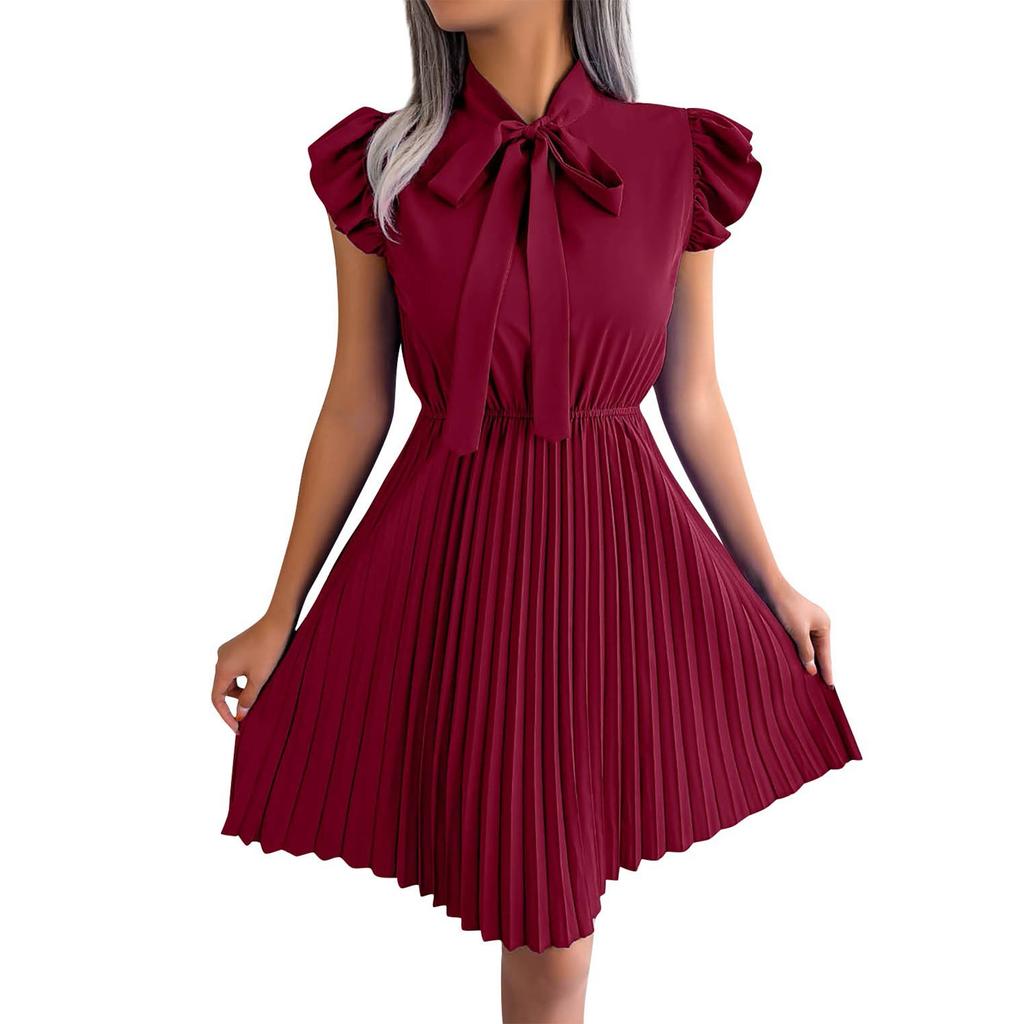 Women's Pleated Dress with Tie Waist for Spring and Summer - Elegant