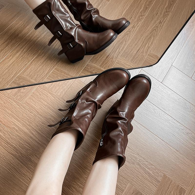 Wasteland Wind Belt Buckle Pile Boots 2025 Autumn and Winter New Retro Mid-tube Western Cowboy Boots Wrinkled Mid-ancient Boots