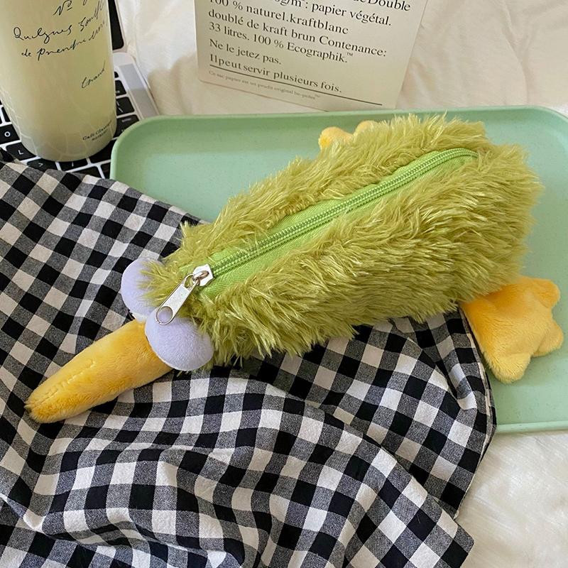

Cute Green Plush Bird Pencil Bag Soft Cartoon Big Eyes Bird Pen Pouch Large Capacity Multifunctional Stationery Organizer