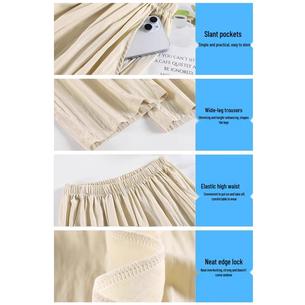Women's Summer High-Waist Ice Silk Pants: Wide-Leg, Loose, Casual, Straight-Leg for Petite Figures