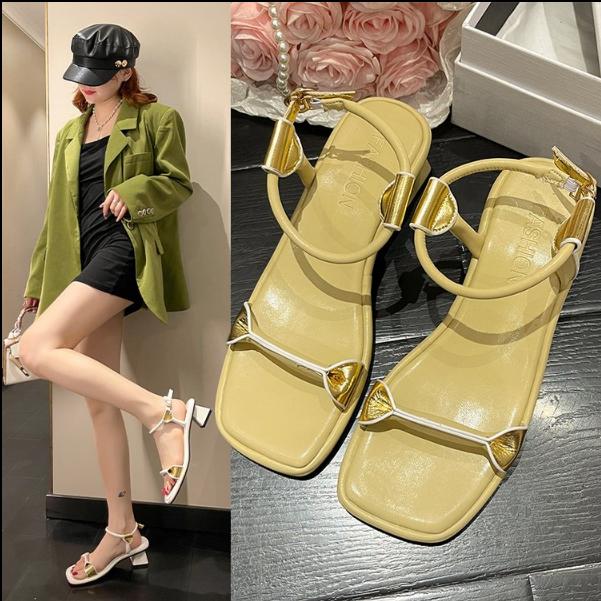 Ladies Shoes Open Toe Summer 2024 Square Heels Sandals for Women Office Work Medium Footwear One Word Daily Sale Designer F Shoe