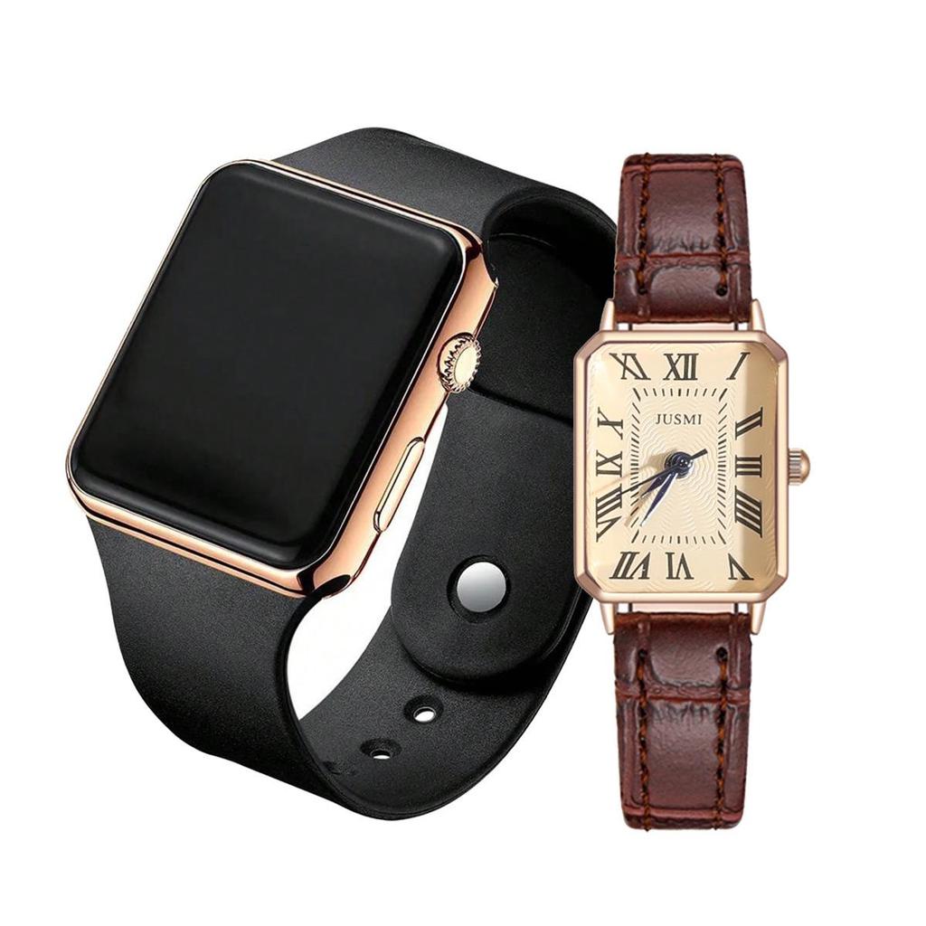 Versatile Retro Quartz Leather Strap Women's Watch + Sports Electronic Watch Set