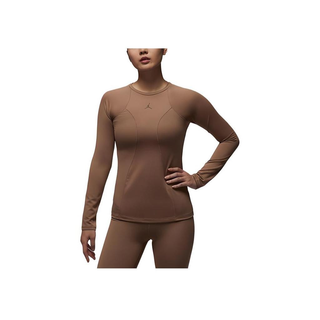 Jordan Solid Logo Round Neck Knit Long Sleeve T-Shirt Women Tops Brown FN5111-223