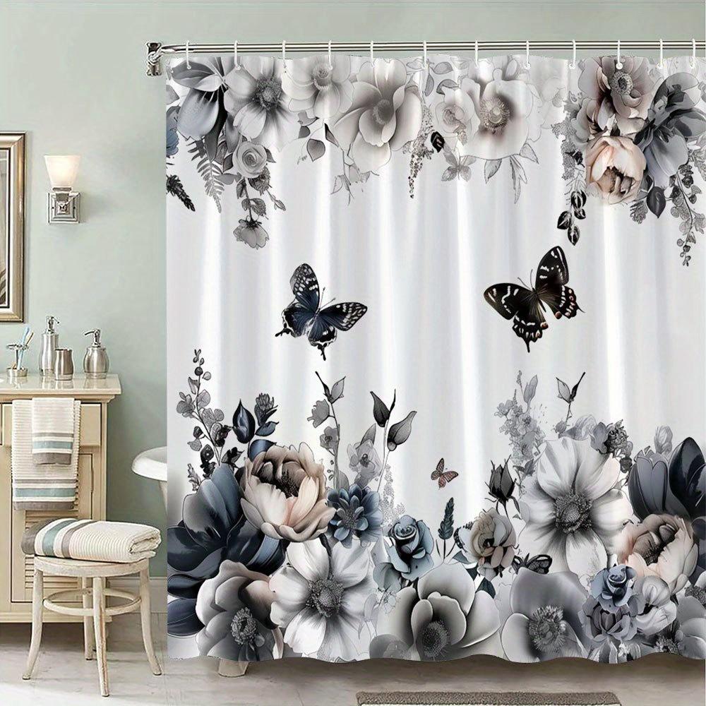 

1 Elegant Solid Floral Butterfly Shower Curtain - Vintage Botanical Style, White, Gray and Blue, Machine Washable, with Hooks 90X180cm