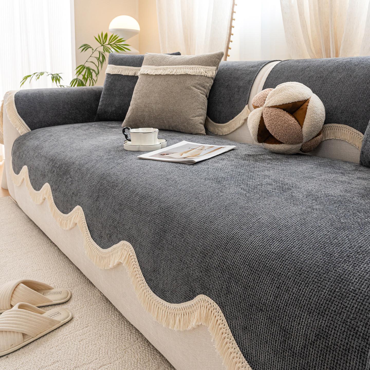 

Кисточка Кожаная Подушка для Дивана Шенилл Всесезонный Универсальный Прямой Ряд Неровный Чехол на Диван Ткань Новый Противоскользящий Чехол на Диван Ткань 70x70cm темно серый