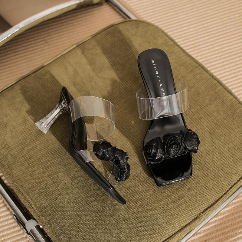 

716-1 High-heeled slippers women s summer 2025 new transparent crystal heel cool slippers temperament thin-heeled rose sandals 34