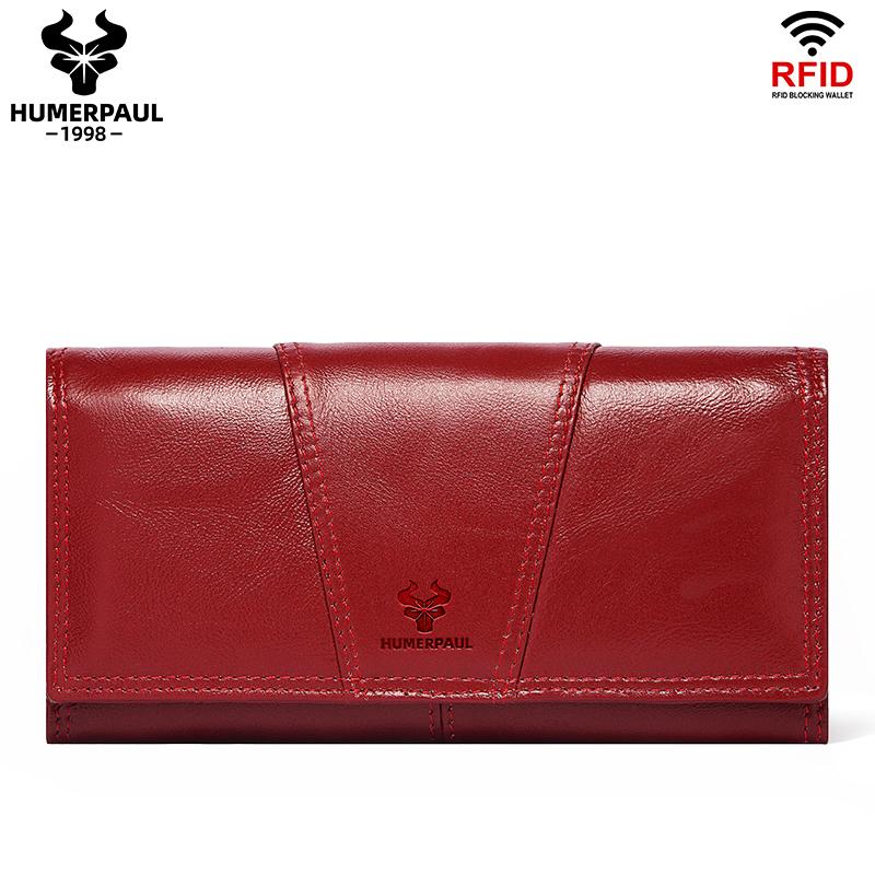 HUMERPAUL Ladies wallet first layer cowhide wallet large capacity clutch multi-card wallet with photo window wallet красный