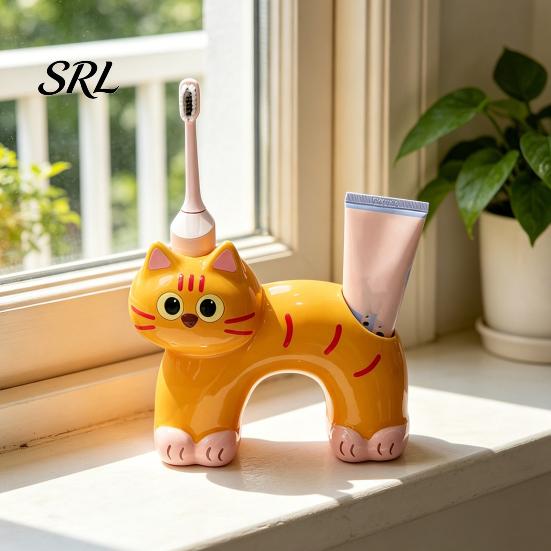 Portaspazzolino Gatto Carino Porta, Forma con Foro di Drenaggio, Porta Resistente alla Muffa Doppia Foro Organizzatore in Ceramica per Accessorio Bagno Resistente alla Muffa