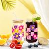 16oz Pink Purple Flower Pattern Clear High Borosilicate Drinking Glass Can With Lid And Straw Juice Coffee Bottles Summer Gift