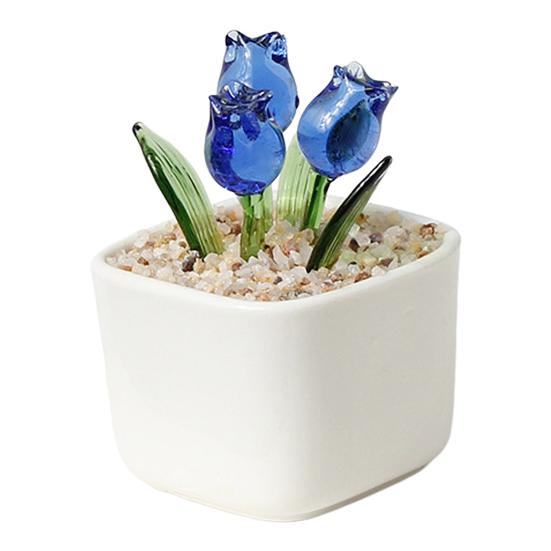 Mini Glass Tulip Flower Figurine Hand Blown Miniature Faux Crystal Flower in синий