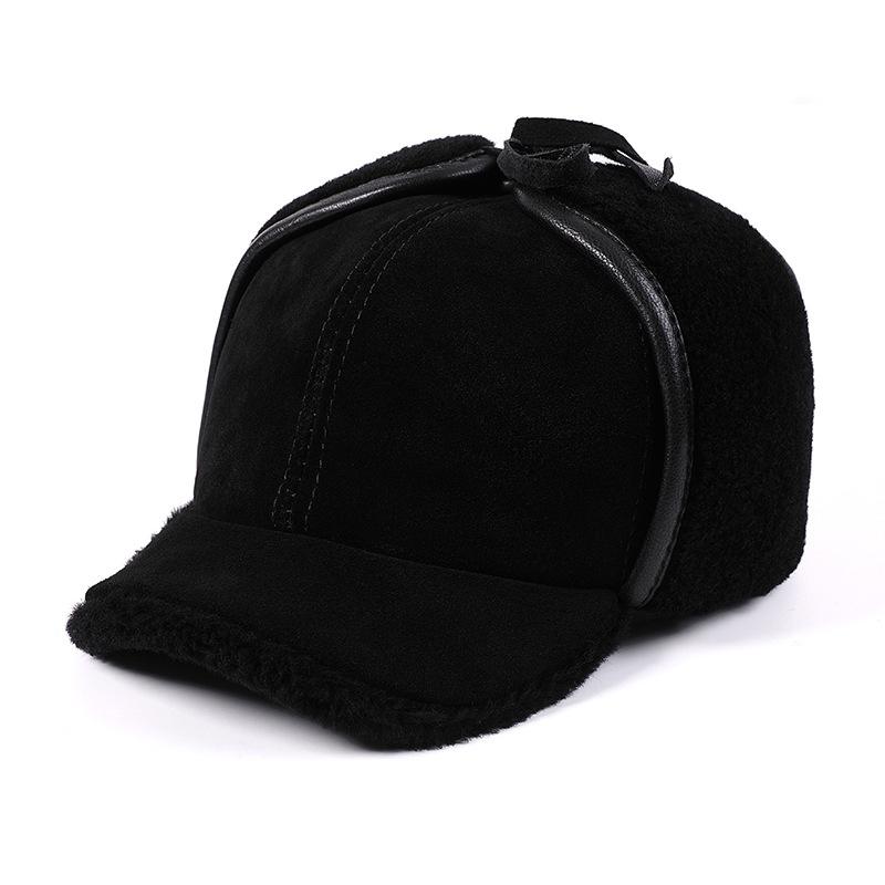 Men's Hat Genuine Anti-Fuzz Cowhide 100% Wool Plush Lining Warm Ear-Flap Thick Insulation Duckbill for Middle-Aged Elderly