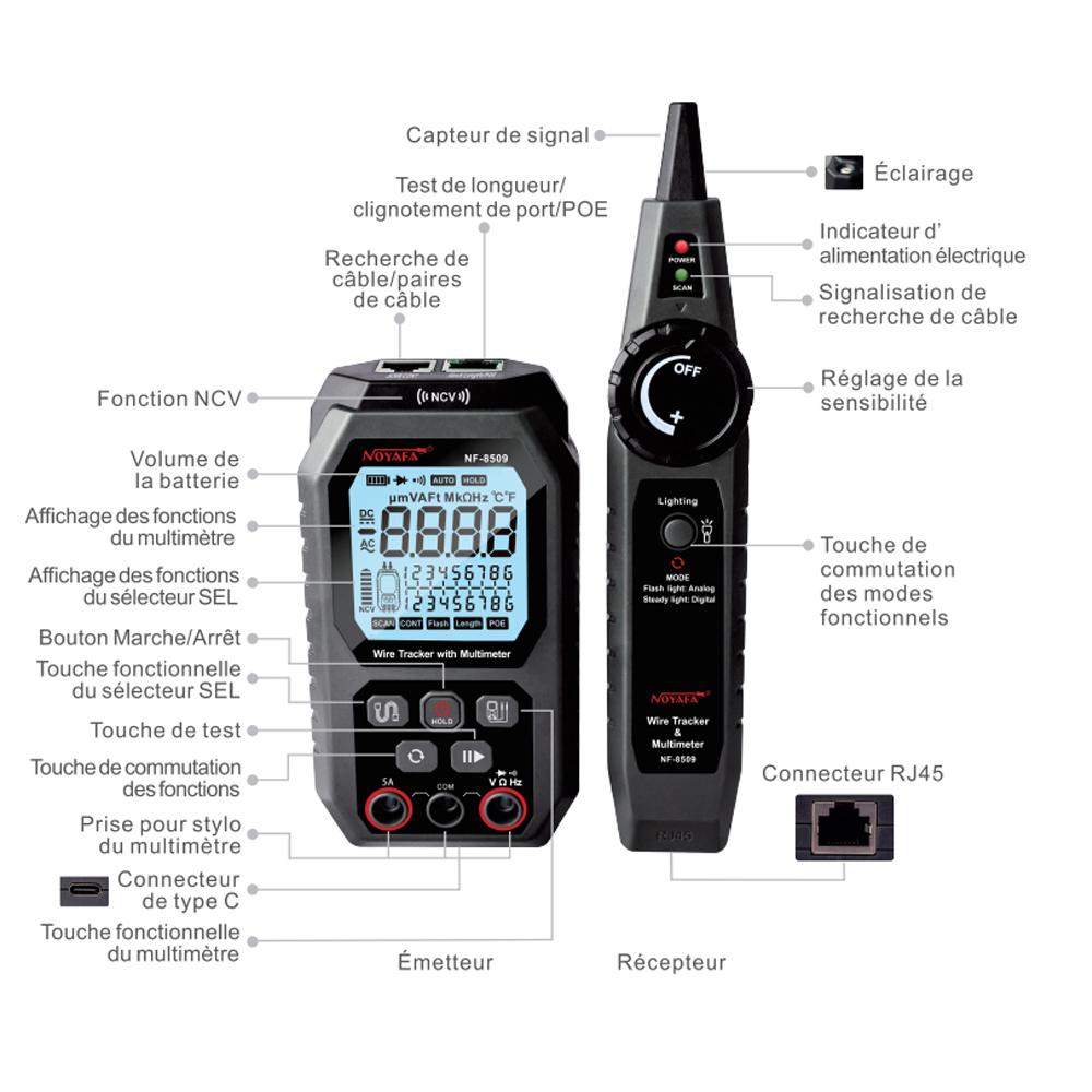 NOYAFA NF-8509 2 en 1 Probador de Cable de Red Multímetro Buscador de Líneas para Prueba POE NCV AC DC Cat5 Cat6 Voltímetro Rastreador de Cables Ethernet
