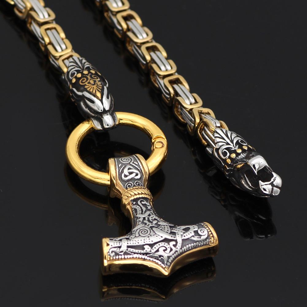 Men's Gold Viking Dragon Head Steel Thor's Hammer Necklace