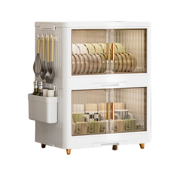 Stackable Tableware Storage Box Multi-Tier Dinnerware Organizer with Clear Lid Doors Hooks Dishes Plates Cups Storage Bins with Drainage Tray