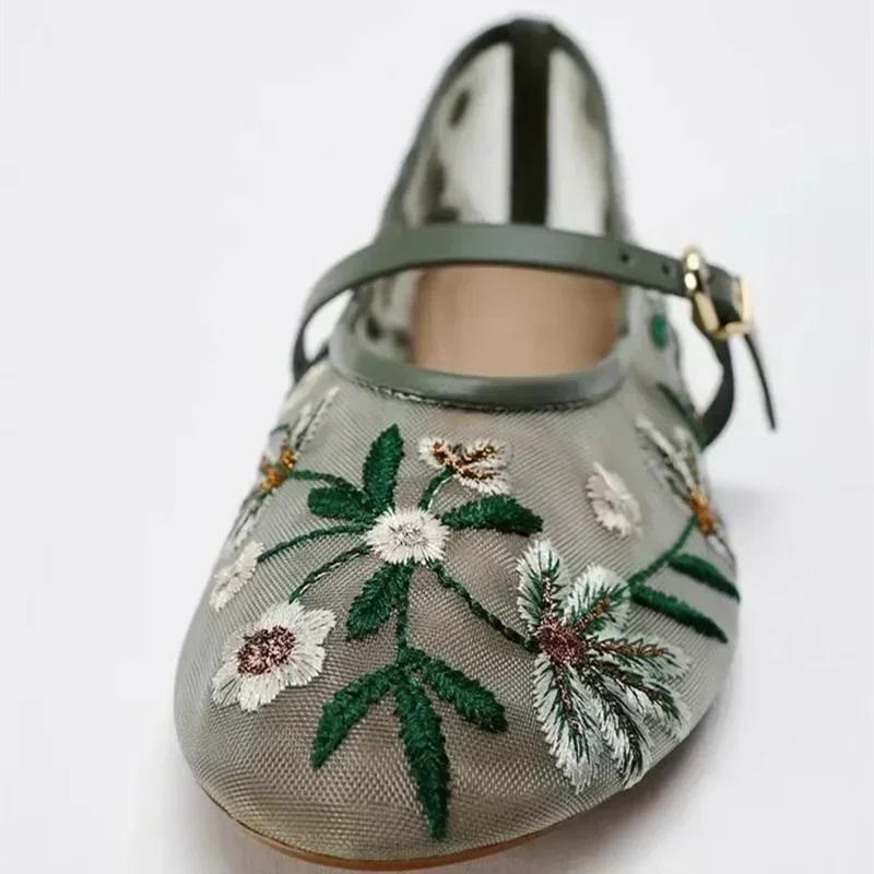 Elegant Embroidery Decoration Ballet Flats Women Breathable Mesh Mary Jane Shoes Lightweight Soft Bottom Comfortable Women Shoes