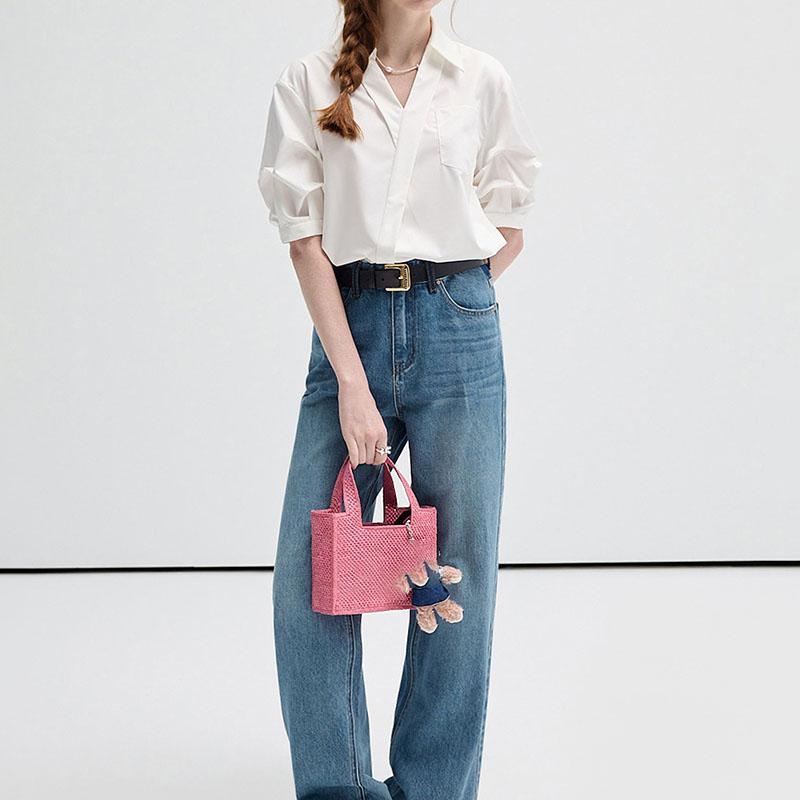 V-neck Short Sleeved Polo Neck White Shirt Women's Commuting Elegant Solid Colour Loose Blouses Thin Top Spring and Summer