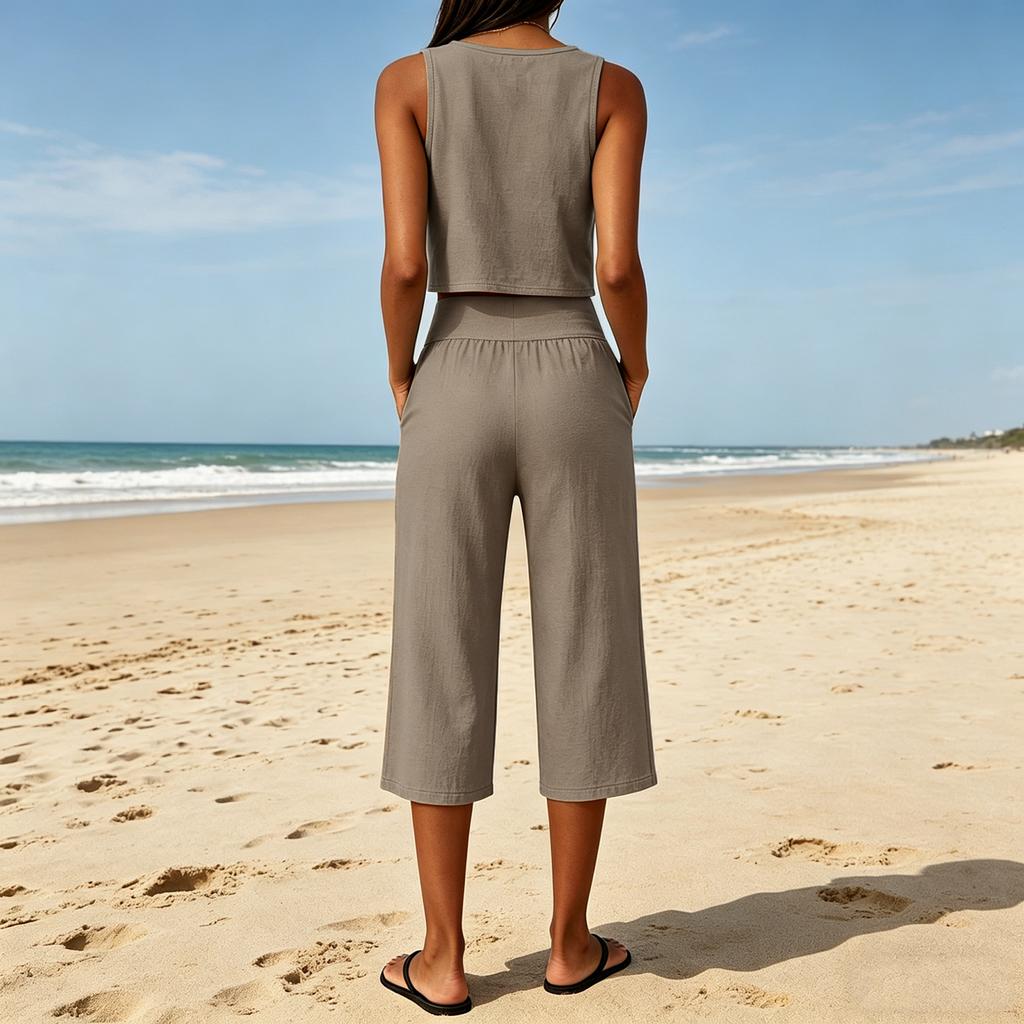 Women's Fashionable Casual Round-Neck Sleeveless Two-Piece Set