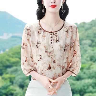 Round Neck Printed Women's Chiffon Shirt Mom's Loose and Versatile Spring Small Shirt, Women's New Middle-aged Top