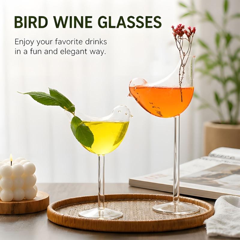 Decorative Bird Wine Glass, Clear Stemmed Goblet with Wide Bowl and Long Stem for Juice Service, Home Dining, and Table Presentation