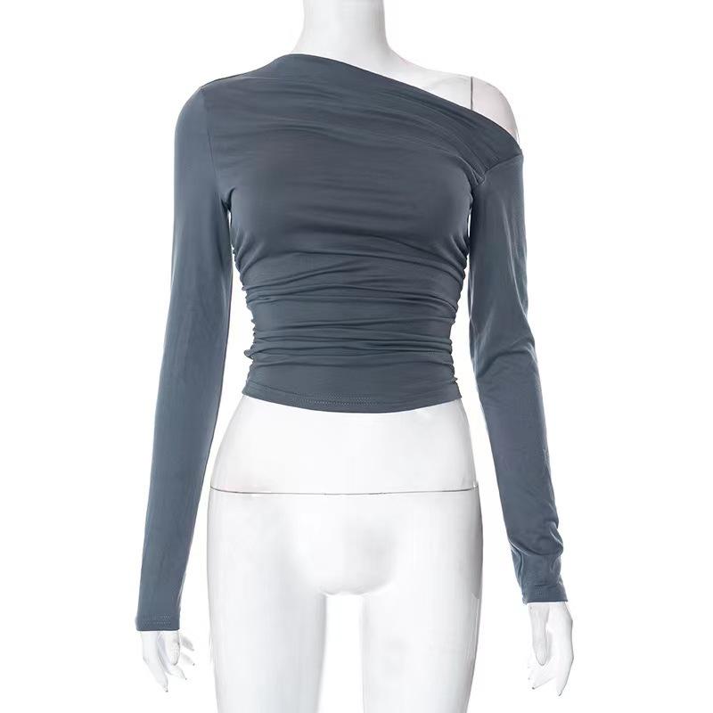 2025 Women's Asymmetrical One-Shoulder Solid Color Long Sleeve Slim Fit Cropped Top