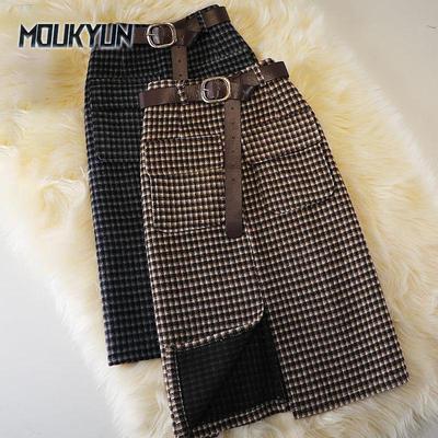 Female Woolen Plaid Skirts 2Color S-XXL High Waist Pocket Mid-length Korean One-step Plus Size Skirt