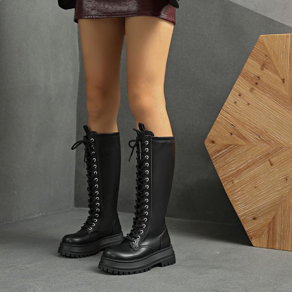 Thick-soled heightening muffin-bottom Martin boots for women's 2025 winter new high-top lace-up but knee boots