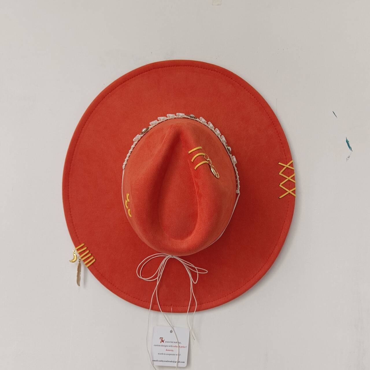 Freedom Outdoors Women's Orange Suede Wide Brim Fedora Hand Embroidery Sewing Unisex Bohemian Rancher Hat Elegant Panama Hat Fedora Hathut 56-58Cm