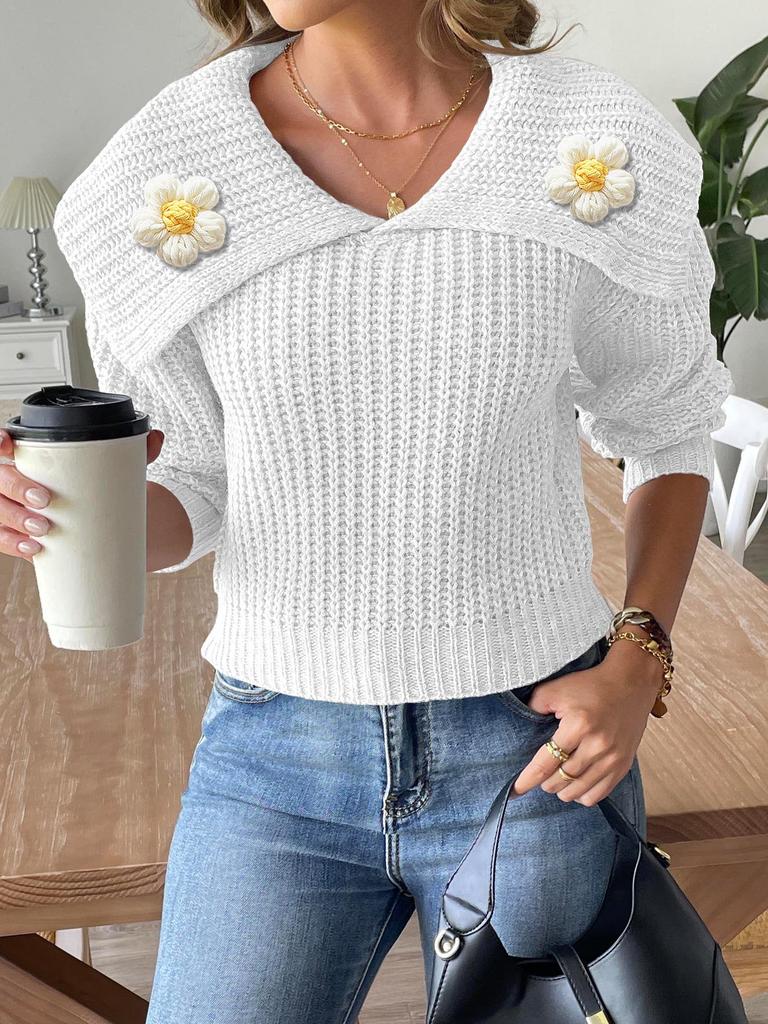 Women's Short Top, Hand-hooked Splicing Sweater, European and American Women's Clothing, Autumn and Winter New Large Lapel Pullover Sweater