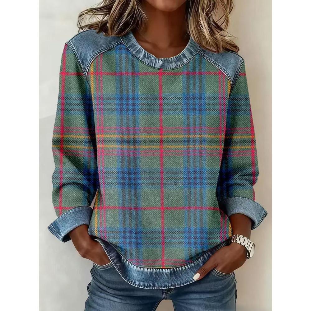 Damen karierter Patchwork-Kapuzenpullover aus Kunstdenim, Rundhals lockeres lässiges Sweatshirt, Mode bequemes Streetwear-Oberteil