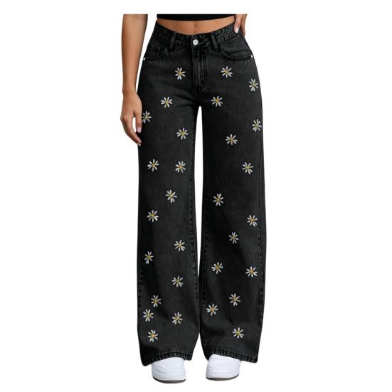 Girl's Bow Cherry Print Baggy Jeans, Wide Leg Mid Waisted Denim Pants, Zipper Fly Elastic Casual Jeans Streetwear with Pockets