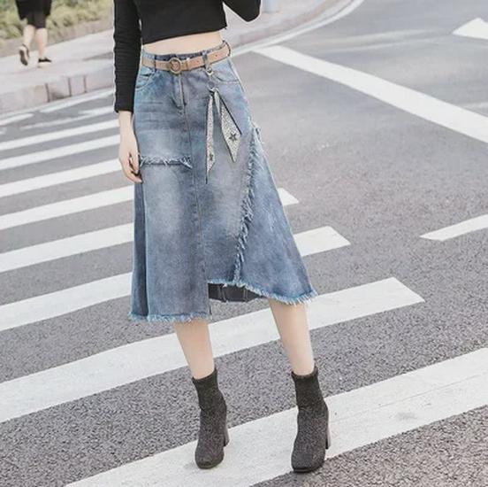 

European & American Plus Size Irregular High Waist Denim Midi Skirt - Summer Casual Bodycon Style 3XL [150-165 lbs] синій