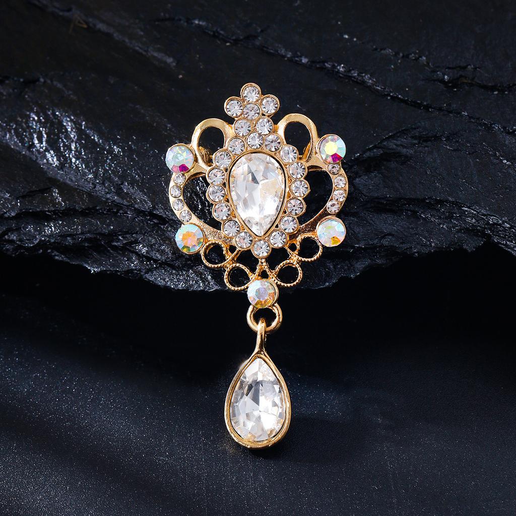 High-end Light Luxury Palace Style Card Glass Rhinestone Water Drop Pendant Brooch Simple and Versatile Clothing Jewelry Pin Female