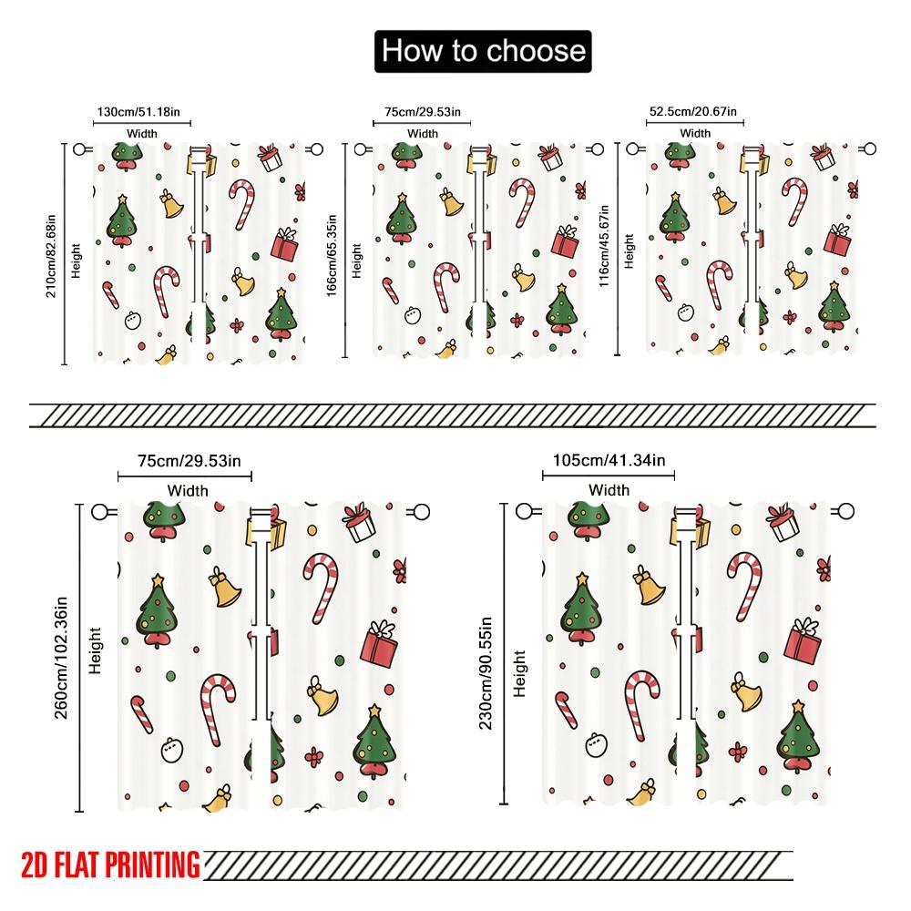 2pcs,2D Plane Printing Light Filtering Curtains Christmas Bells Candy Cane Tree Gift Durable Polyester (without Rod) Holiday for