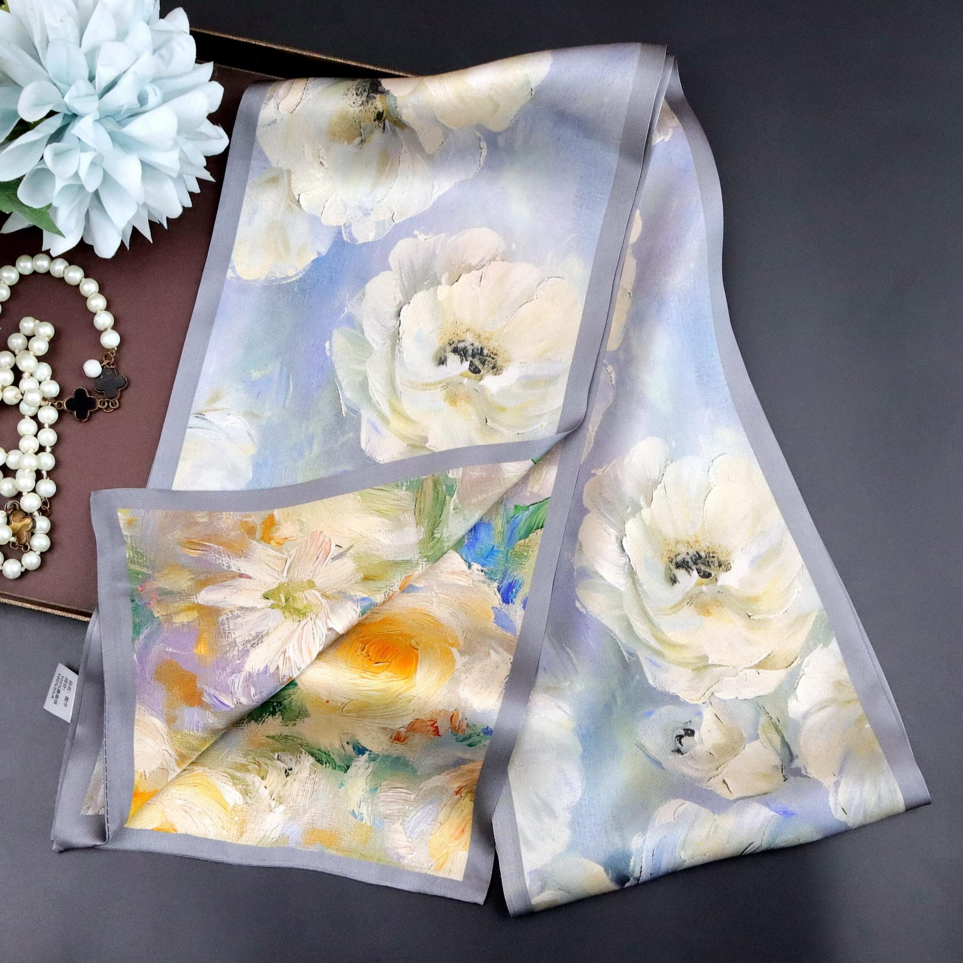 Premium oil painting rose silk scarf femininity mulberry silk silk scarf thin narrow long double-sided scarf streamer 150*16CM