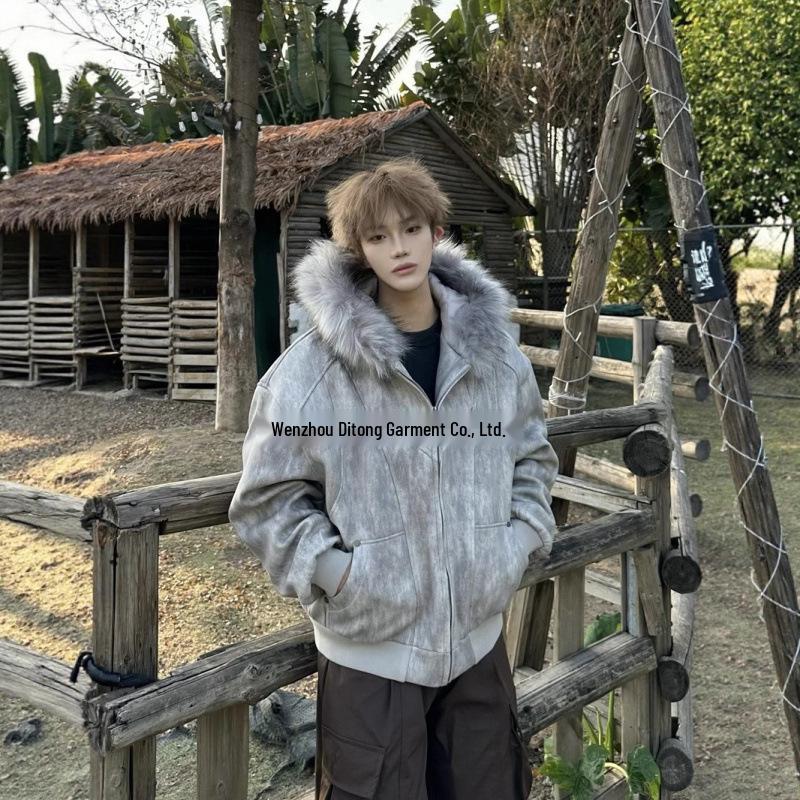Unisex American Design Ink-Dyed Hooded Jacket with Fur Collar and Cotton Padding for 2025 Autumn/Winter.