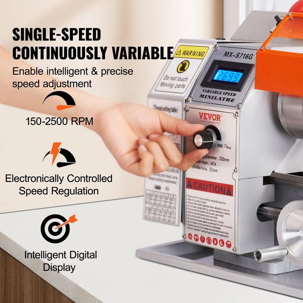 Mini Metal Lathe Machine, 7'' x 16'', 800W Precision Benchtop Power Metal Lathe, 150-2500 RPM Continuously Variable Speed, with 3.9'' 3-jaw Metal