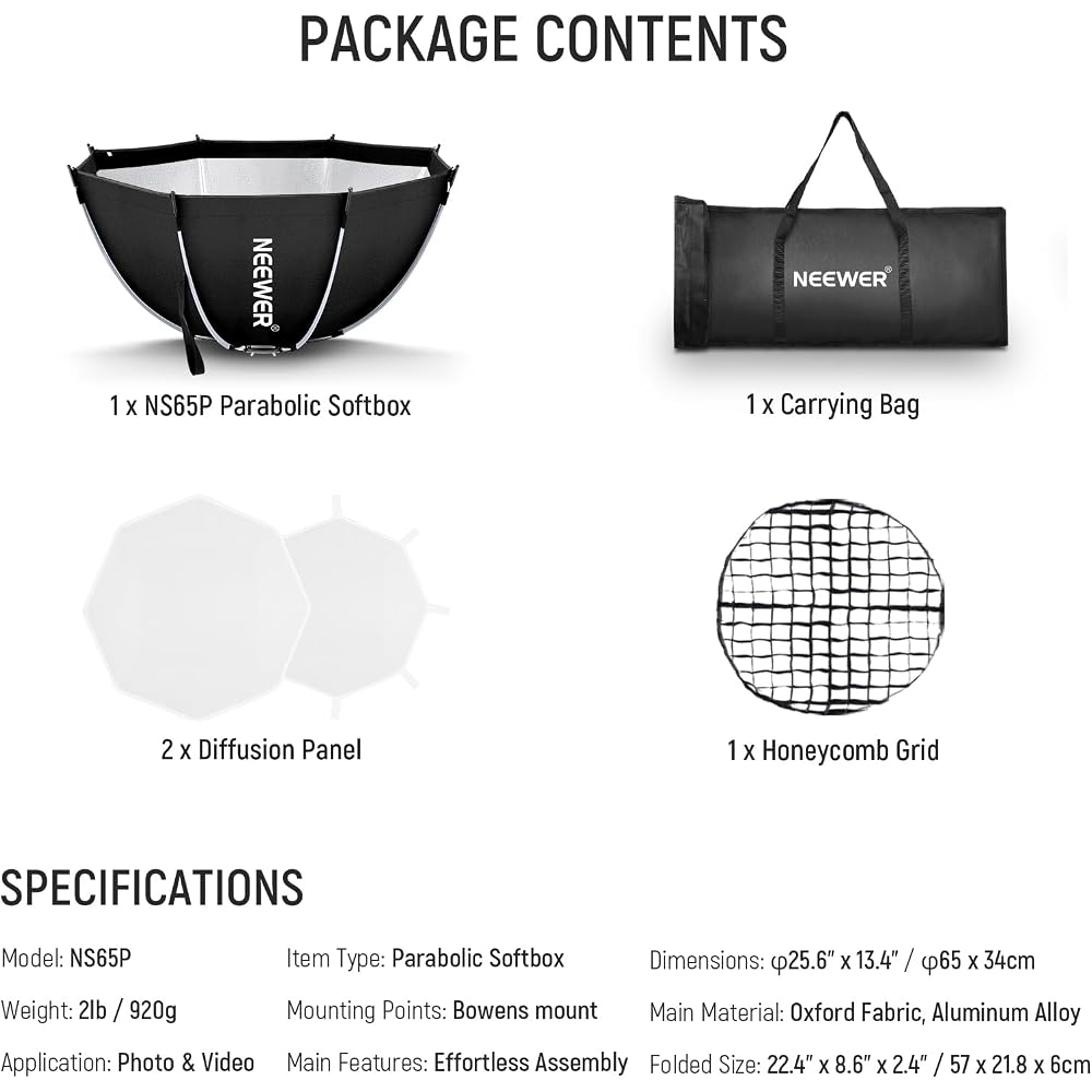 Neewer 65cm Octagonal Softbox, Bowens Mount, Quick Setup, Foldable, with Diffuser/Grid/Bag, Compatible with Parabolic Softboxes: Aputure 120d, Godox S