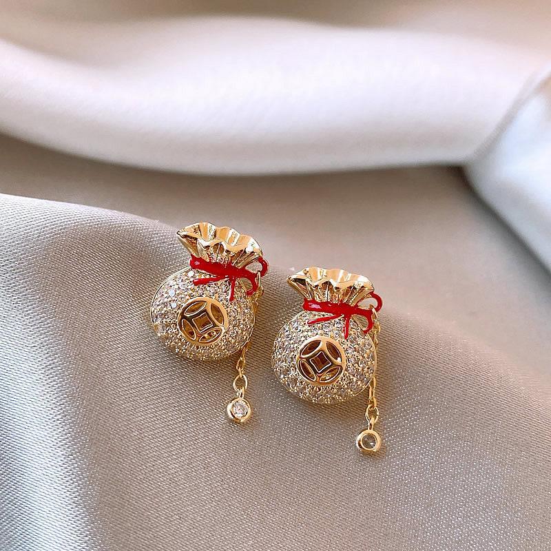 Silver Needle New Chinese Simple Diamond-encrusted Lucky Bag Fringed Earrings, Earrings, Exquisite Versatile Earrings