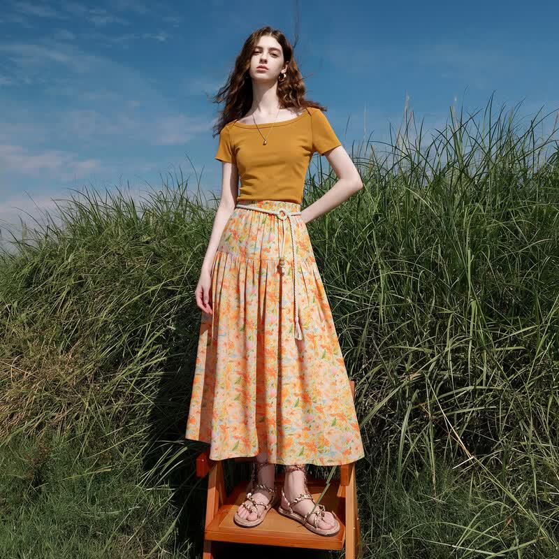 SanCai Women's High-Waist A-Line Floral Cotton Midi Skirt