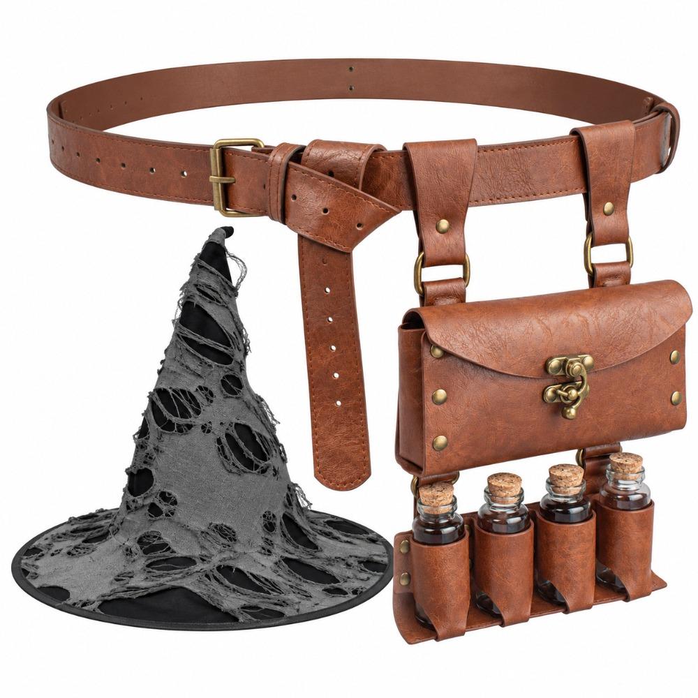 2/3/4pcs Vintage Medieval Wizard Cosplay Set Fantasy Torn Witch Hat Photo Pros