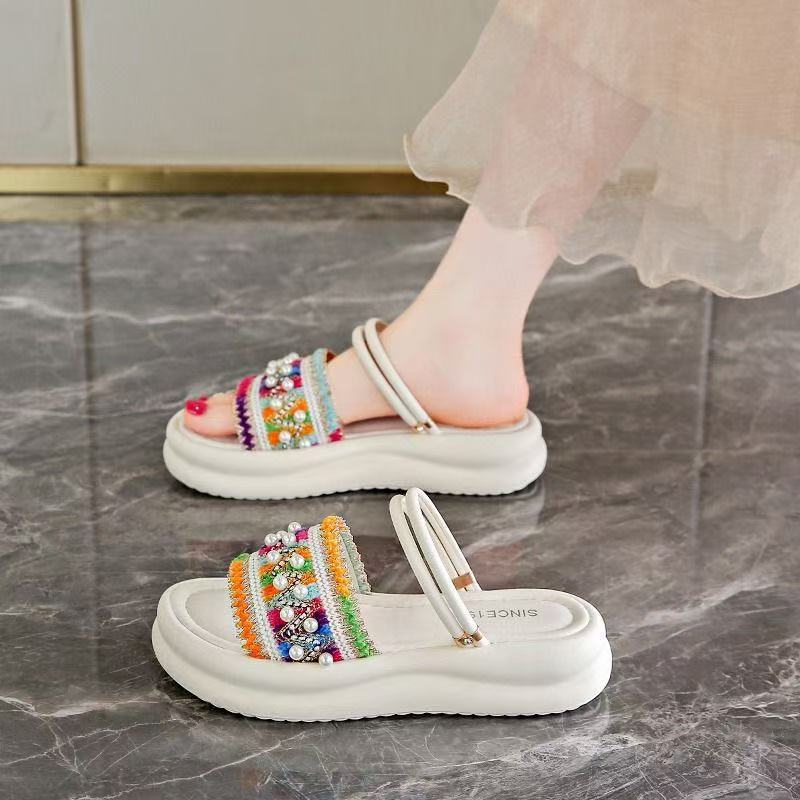 Soft Sole 2025 Slippers Pearl Outer Wear Summer Sandals Skirt New Non-slip Word Fairy Fan Thick Sole Two Wear Trendy