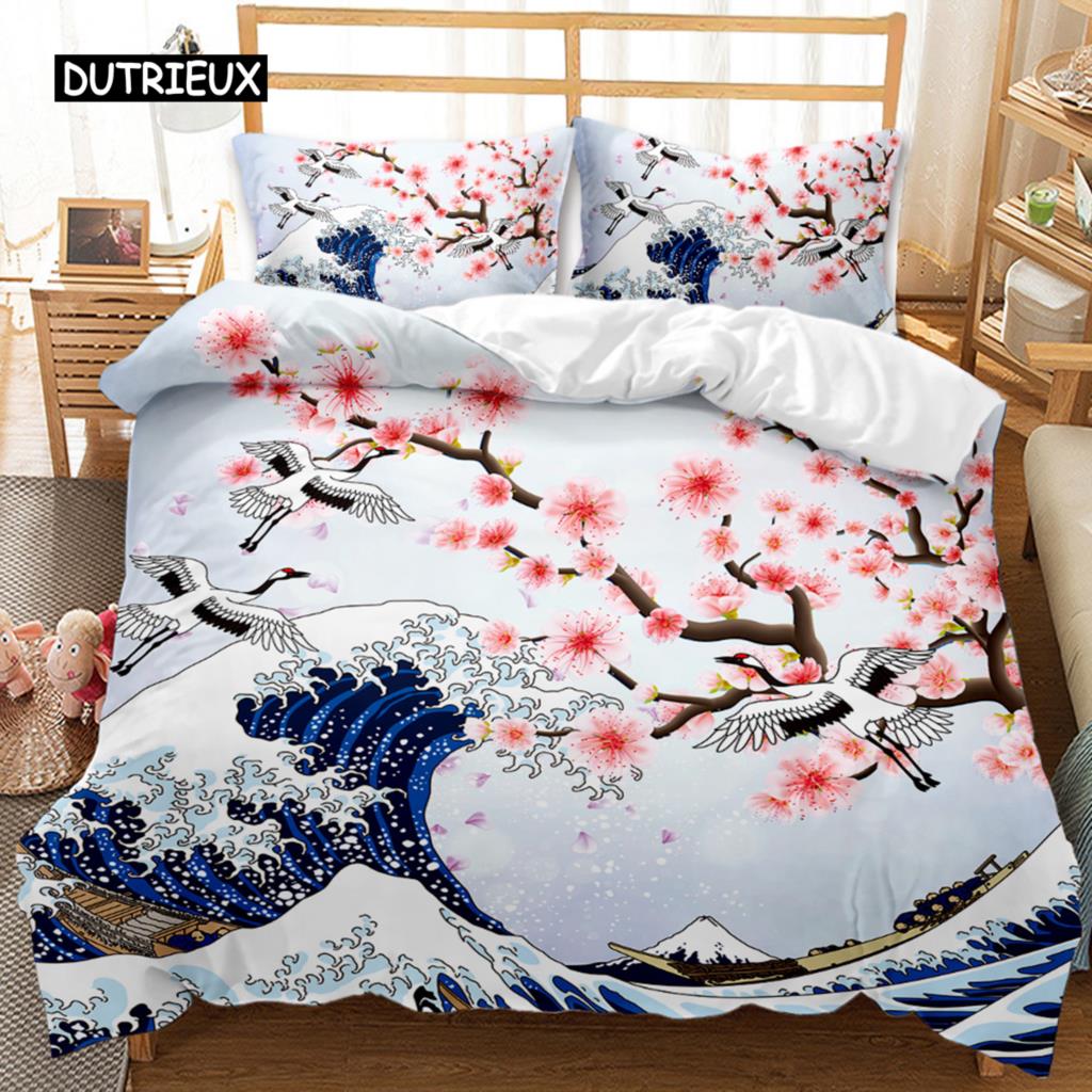 Nationell Trend Påslakanset Körsbärsblommor Trana Tryckt Sängkläder Havsvågor Dun Traditionell Retro Polyester Quiltöverdrag