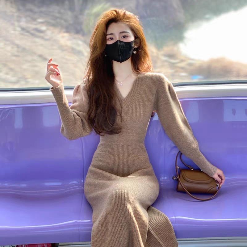 

Chic and beautiful waist and thin high-end temperament Muse Fan gentle knitted long-sleeved dress S