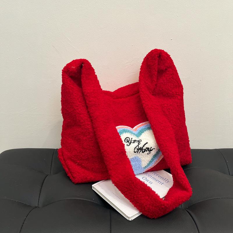 

Вместительная сумка-тоут для поездок на работу, новая плюшевая сумка осени 2025, модный тренд, повседневная наплечная сумка/сумка подмышку красный