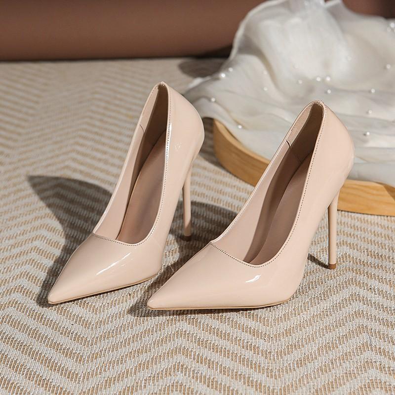 Couro Patentado Boca Fina Rasa Brilhante Salto Único Feminino Simples Bico Apontado Moda Sexy Slip-on Salto Alto