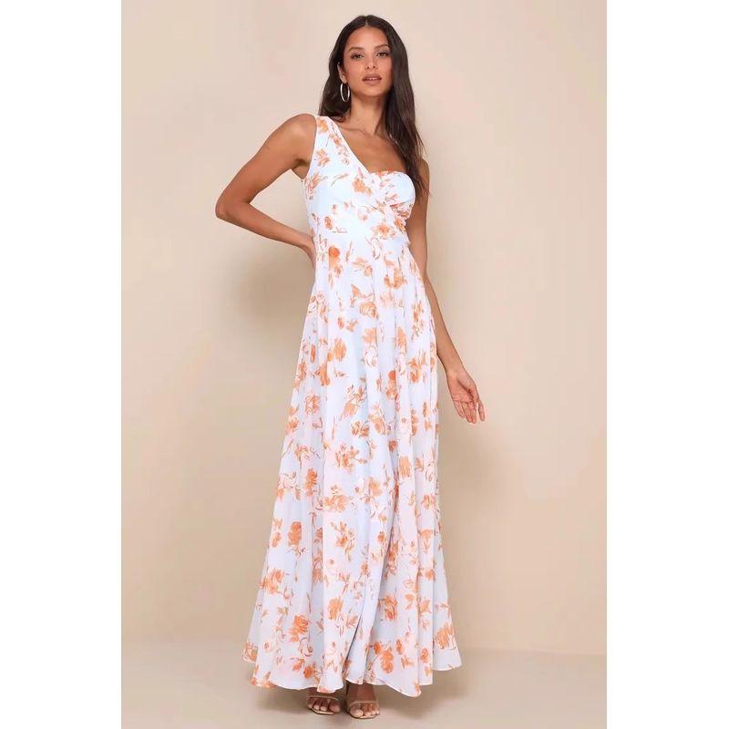 

Foreign Trade Order Lu Family Atmosphere Royal Sister Print One Shoulder Oblique Collar Design Banquet Party Beautiful Fashion Formal Dress Dress Light blue flower XL
