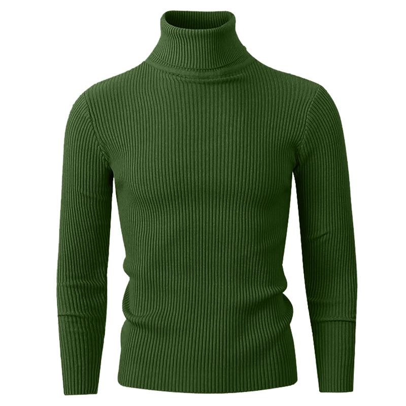 New Men's Turtleneck Knitted Sweater Long Sleeved Stripes Streetwear Autumn Oversized Black Sweaters Homme Solid Color Basic Top