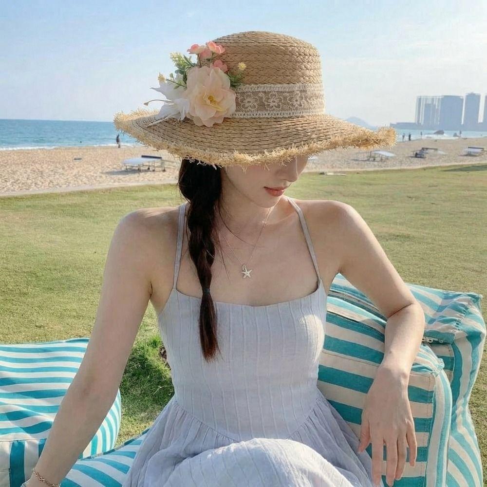 Boho Lace Flower Straw Hat Wide Brim UV Protection Cap Fashion Women's Sun Hats Summer