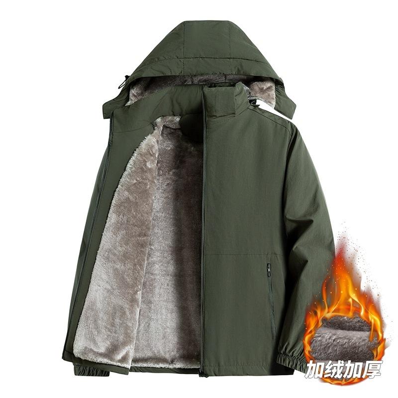 2025 Fleece Thickened Plus Size Jacket Fall and Winter Men's Middle-aged Solid Color Casual Hooded Warm Jacket Shirt Top