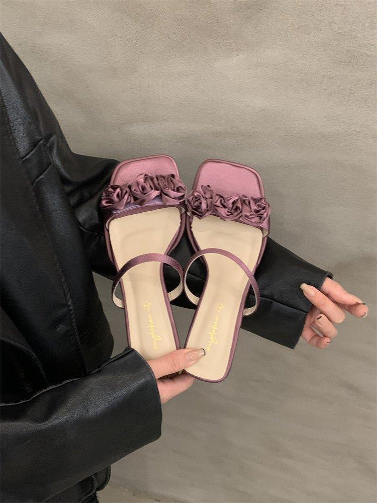 2024 New Summer Fairy Style High-heeled Small Cool Slippers Wearing Purple One-word Drag French Sandals Women's Shoes